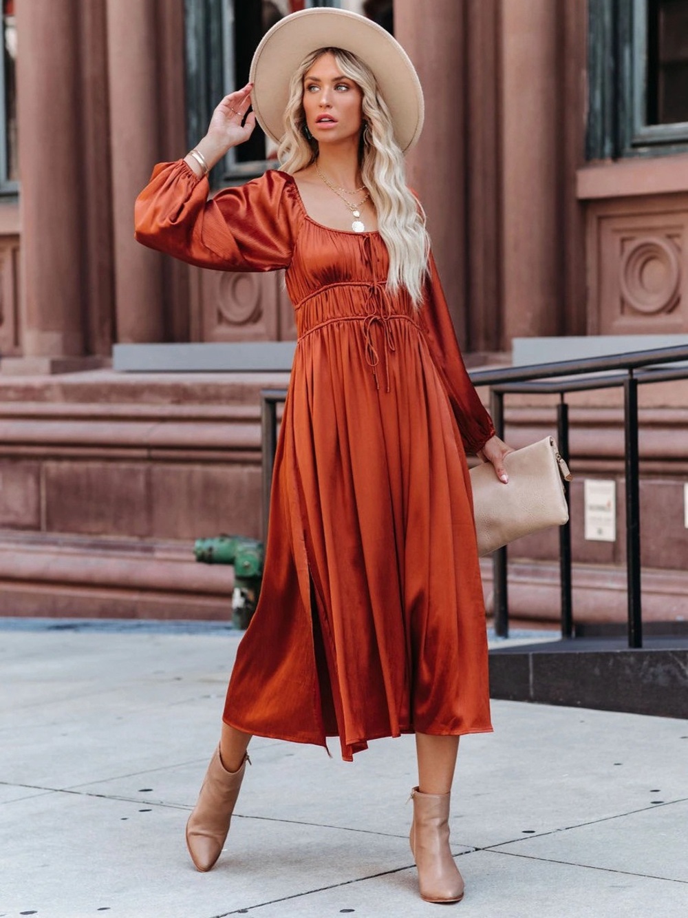 NWT Lush Satin Boho Balloon Sleeve Midi Dress in Rust Cognac